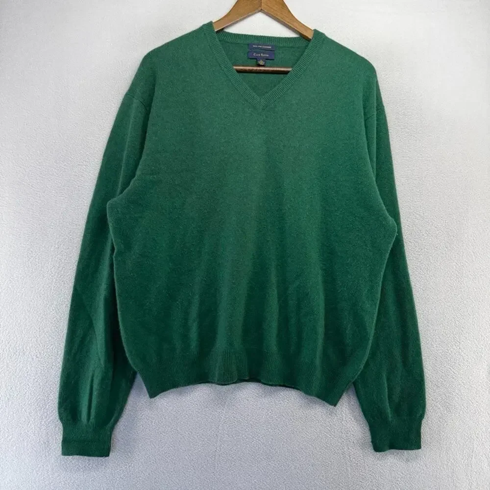 Club Room Cashmere Sweater Men's Large Green v neck Pullover Preppy Solid Fine